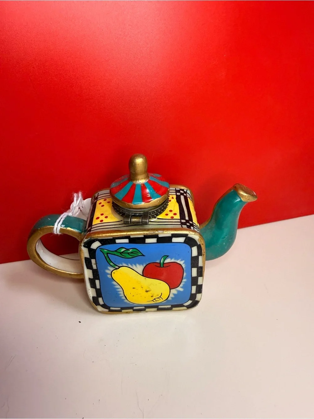 Colorful Fruit-Print Square Ceramic Teapot - Multicolor Trinket Box